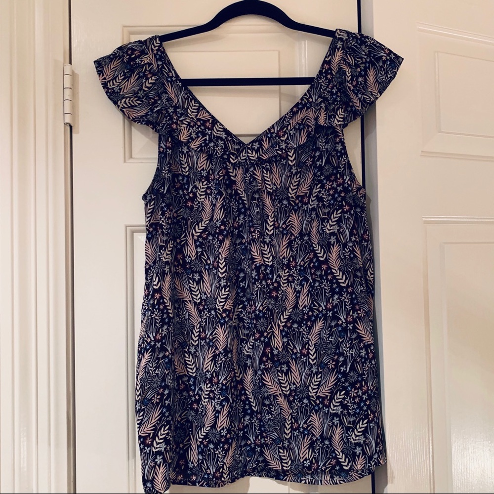 LOFT Black Floral Ruffle V-neck Updated Shell